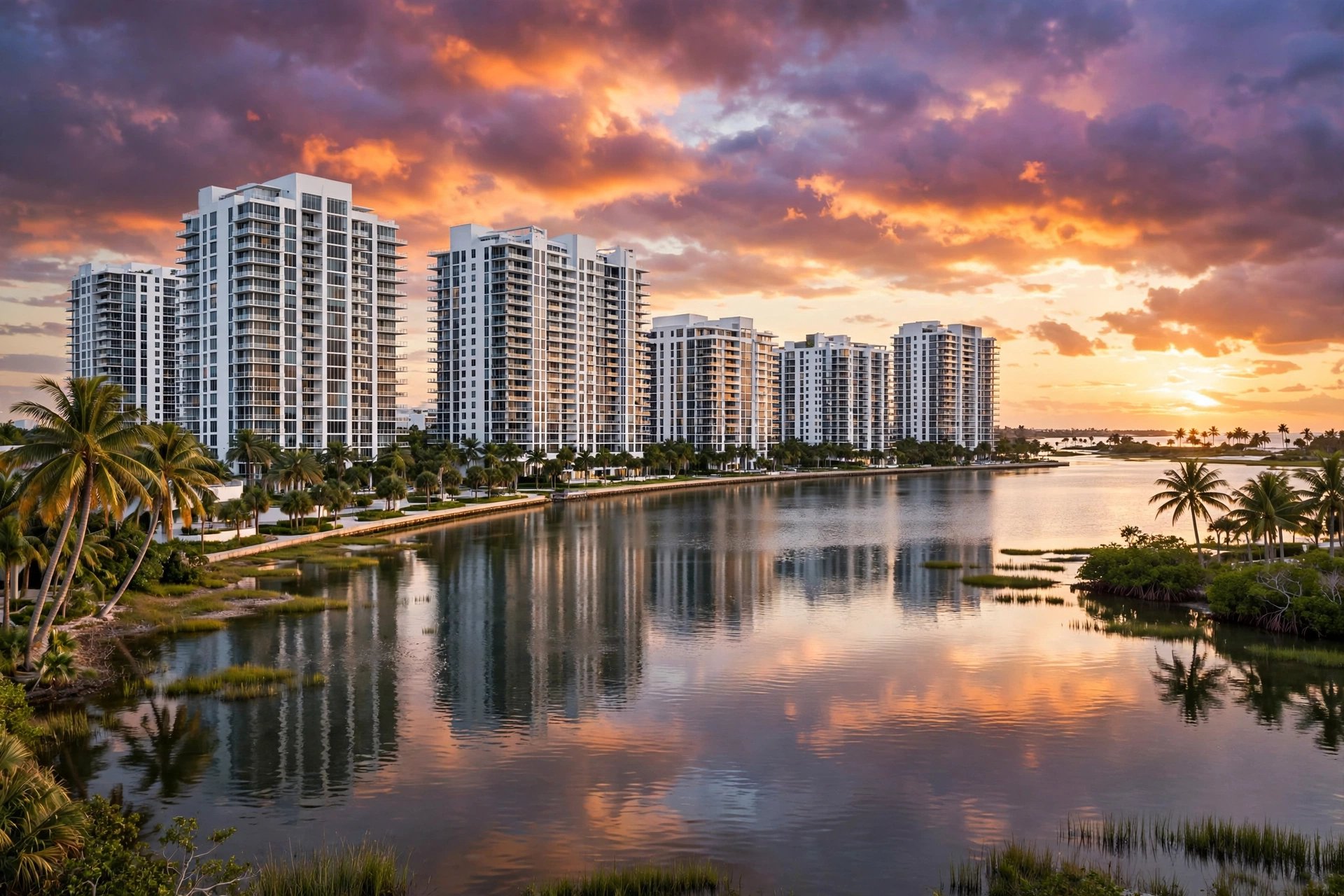 Torres de condominios frente a la bahía de Tampa al atardecer