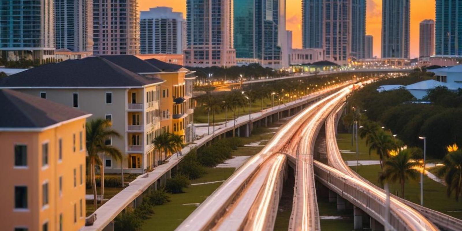 Skyline de Miami y vías urbanas al atardecer